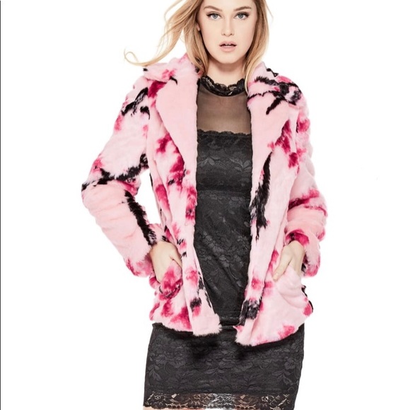 guess faux fur coat pink